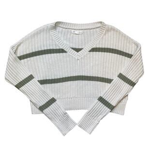 Aeropostale Striped Knit Sweater 🤍 Cream & Olive Cozy Pullover Crop • Size S